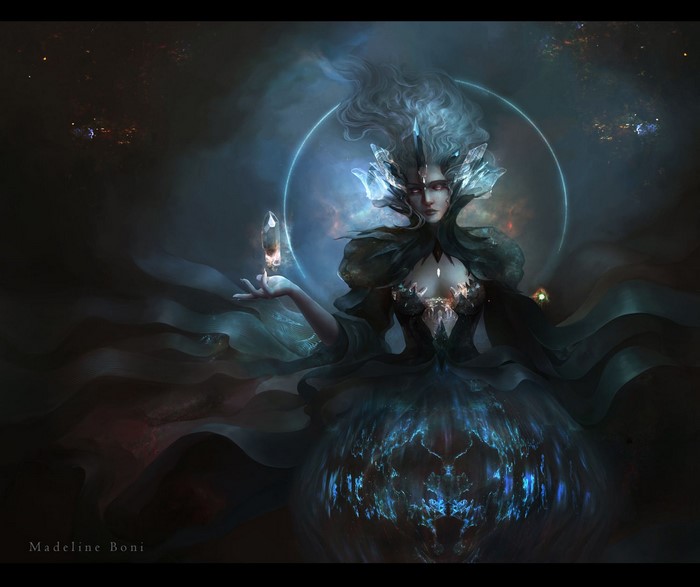 Woman with crystals in a cosmic setting