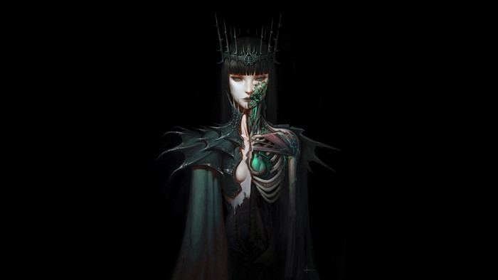 Dark fantasy art of a skeletal queen with exposed organs