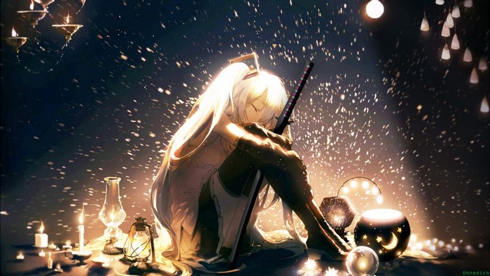 Hatsune Miku with Katana in Mystical Setting