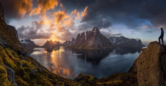 Sunset Over Lofoten Islands Mountains and Bay
