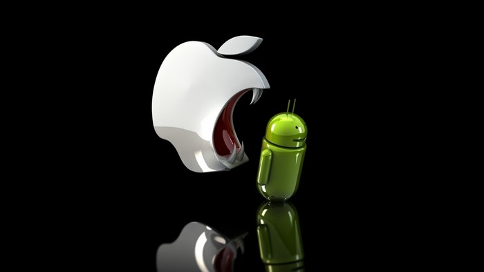 Apple logo biting Android robot in digital art