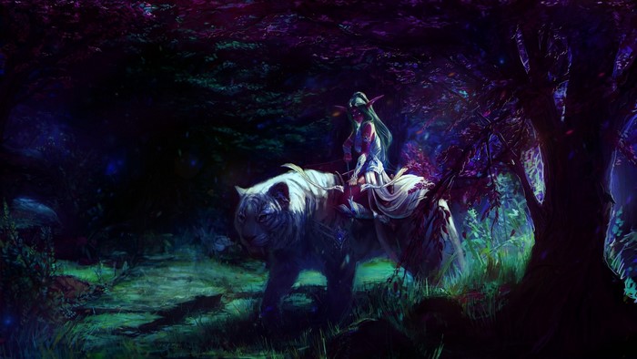 Tyrande Whisperwind riding a white tiger in a dark forest