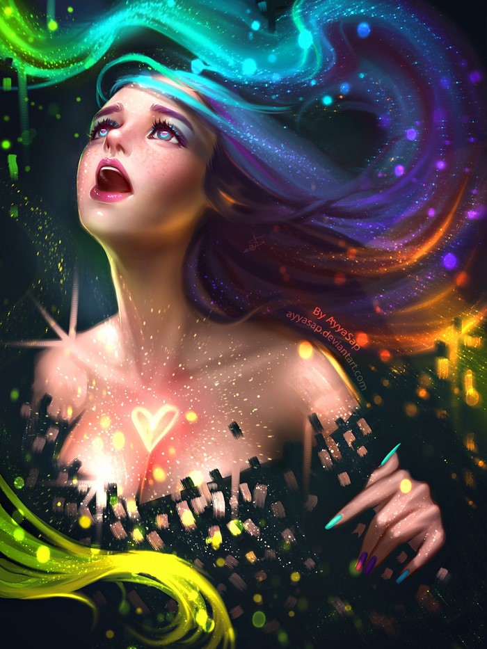 Woman with colorful cosmic hair and glowing heart
