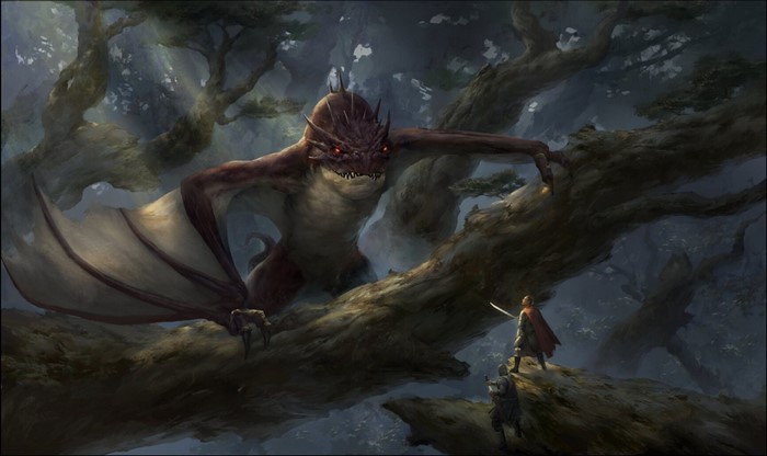 Dragon in a forest facing two warriors
