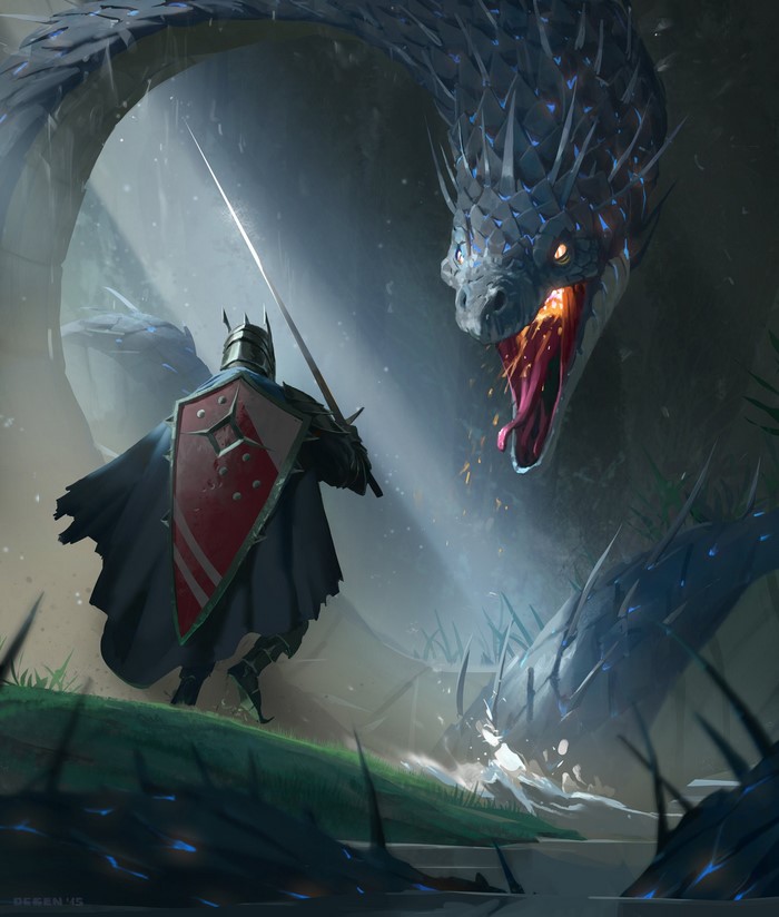 Knight fighting a dragon in a cave