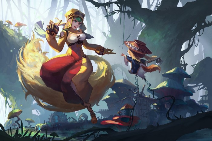 Anime fox-girl and creature in a fantasy forest