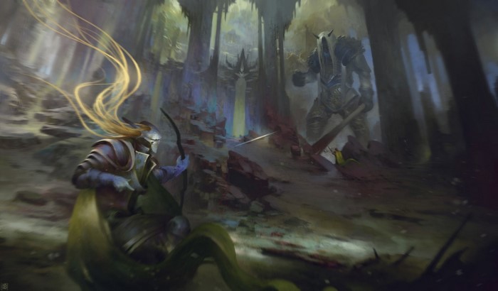 Fantasy art of an archer fighting a giant in a cave