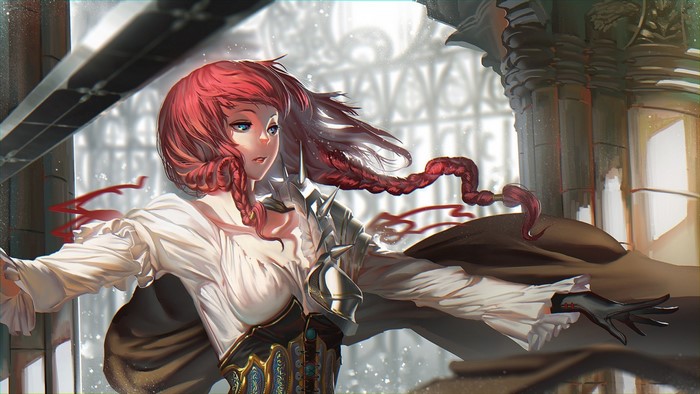 Anime girl with red hair and armor