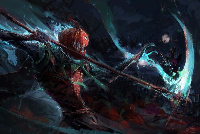 Fantasy art of a pumpkin-headed grim reaper with a scythe