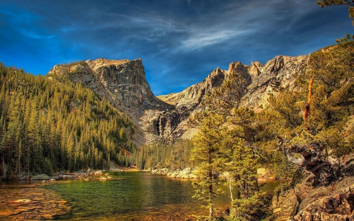 Lake and mountains with pine trees