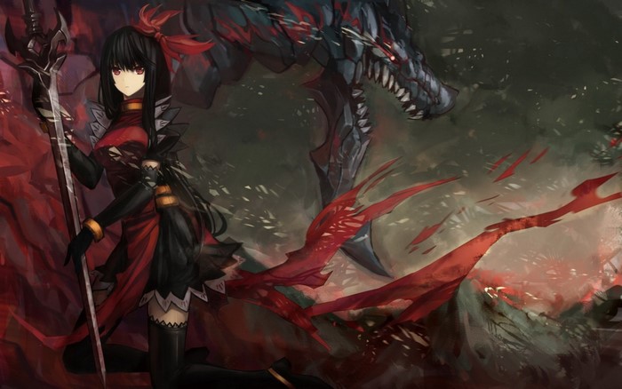 Anime girl with sword and dragon