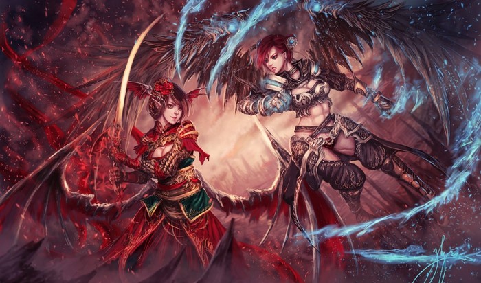 Two winged female warriors fighting