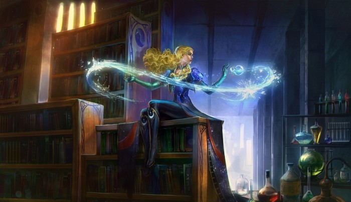 Fantasy art of a woman casting magic in a library