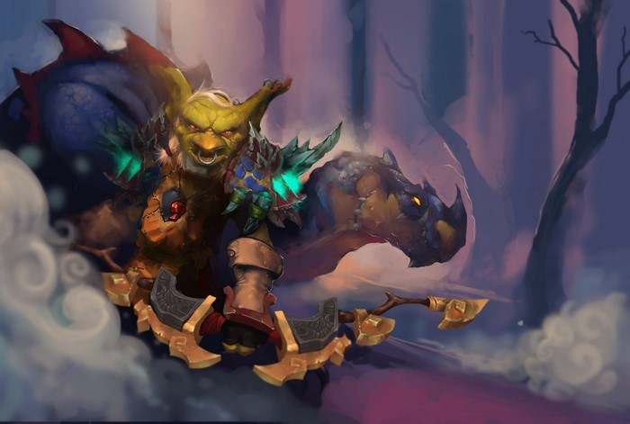Goblin warrior with axes and a dragon in World of Warcraft
