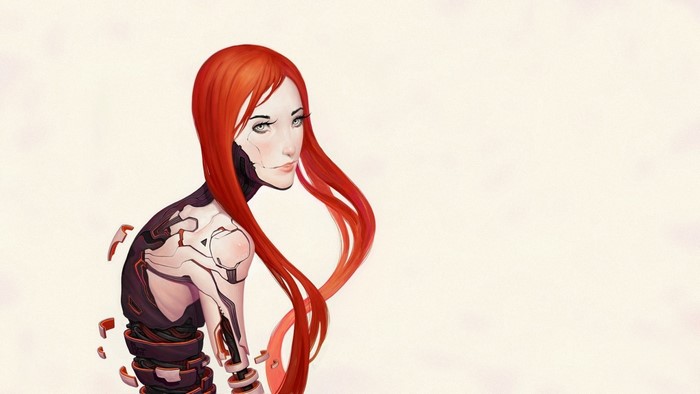 Illustration of a cyborg woman with red hair