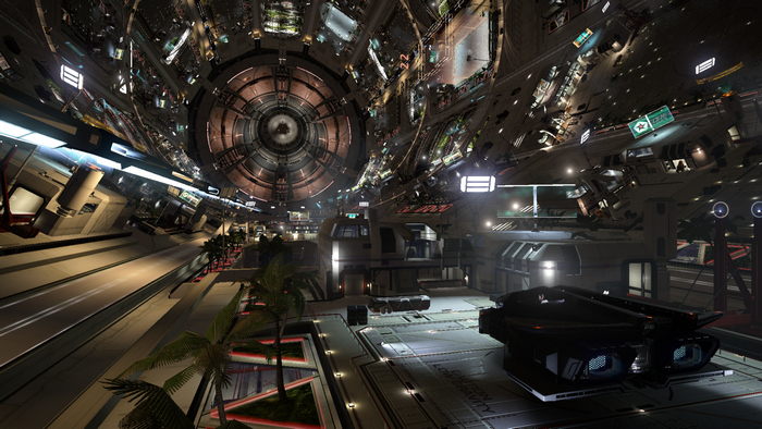 Elite Dangerous spaceship interior with palm trees