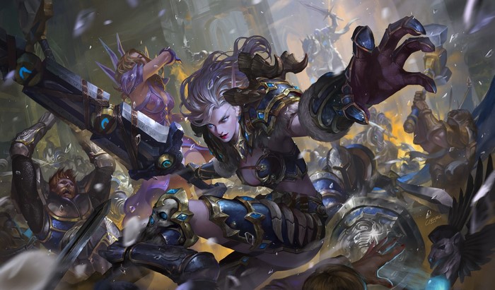 Fantasy battle scene with female warrior and allies