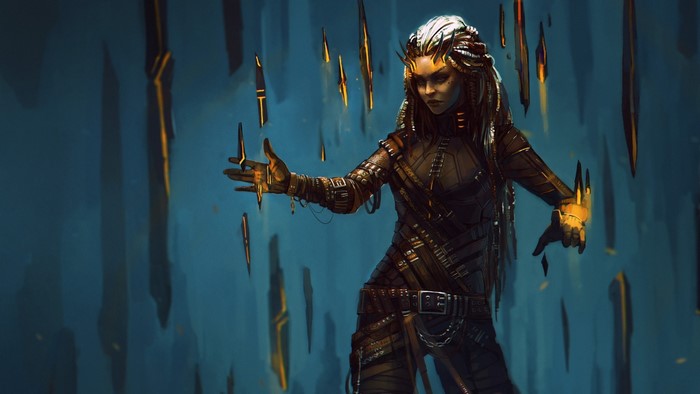 Fantasy art of a woman warrior with floating shards