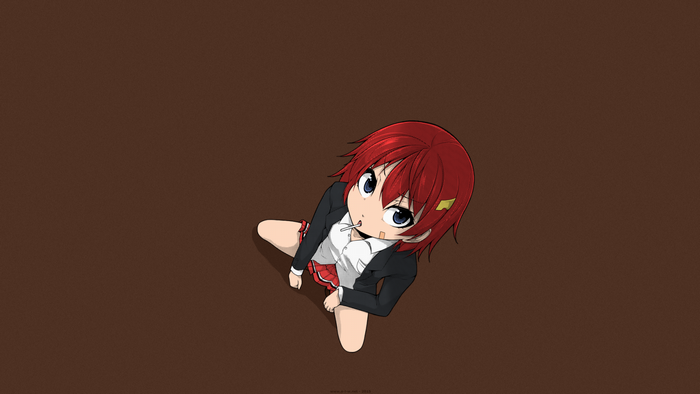 Anime girl with red hair and school uniform looking up
