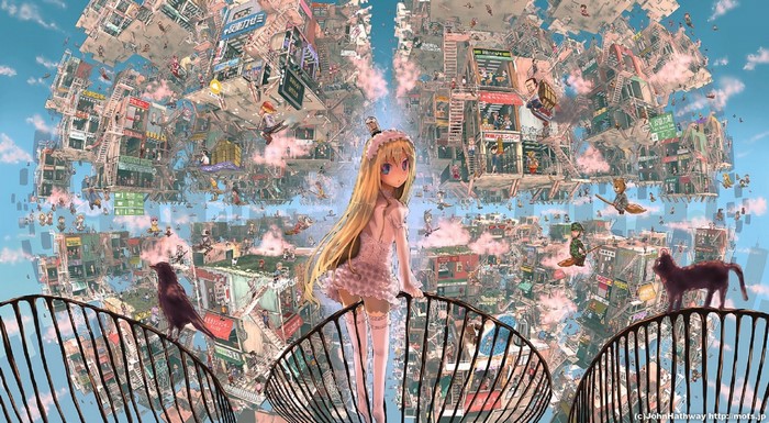 Anime girl in a surreal floating city with birds and cats