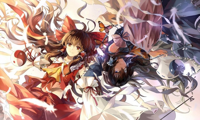 Two anime girls with butterflies and feathers