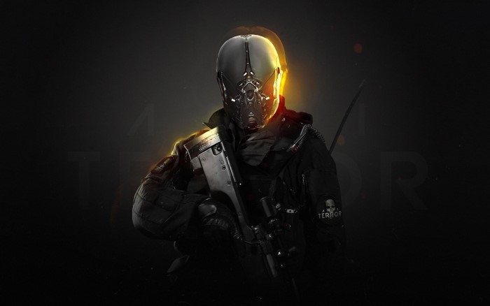 Soldier with futuristic mask and rifle