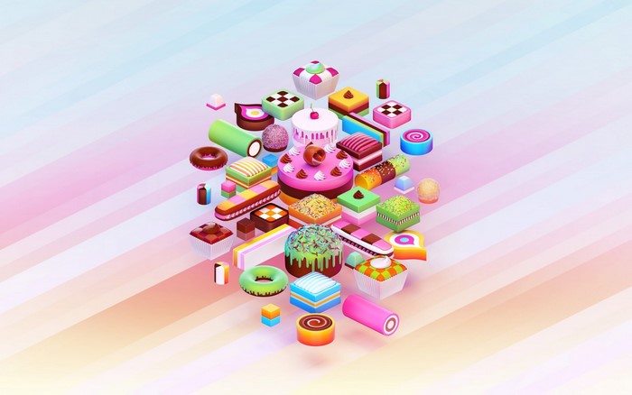 Collection of colorful isometric candies and cakes