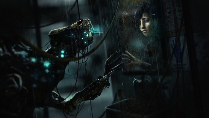 SOMA artwork of a robot and a woman in the rain