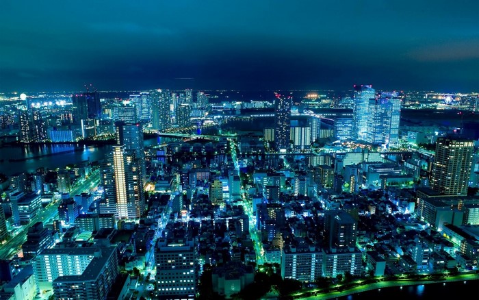 Japan, city, cityscape, night, skyline, skyscraper, blue, horizon, city ...