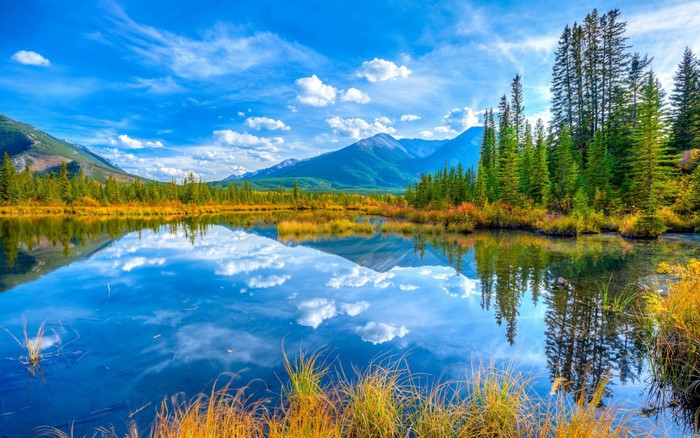 Mountain lake reflection with autumn trees and blue sky