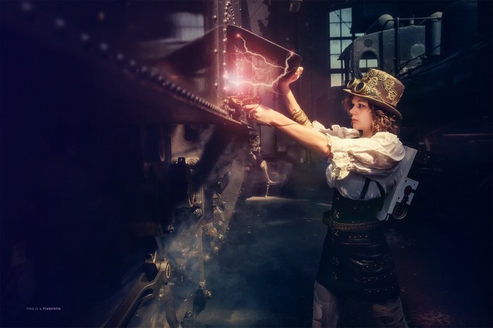 Woman in Steampunk attire with electrical effects