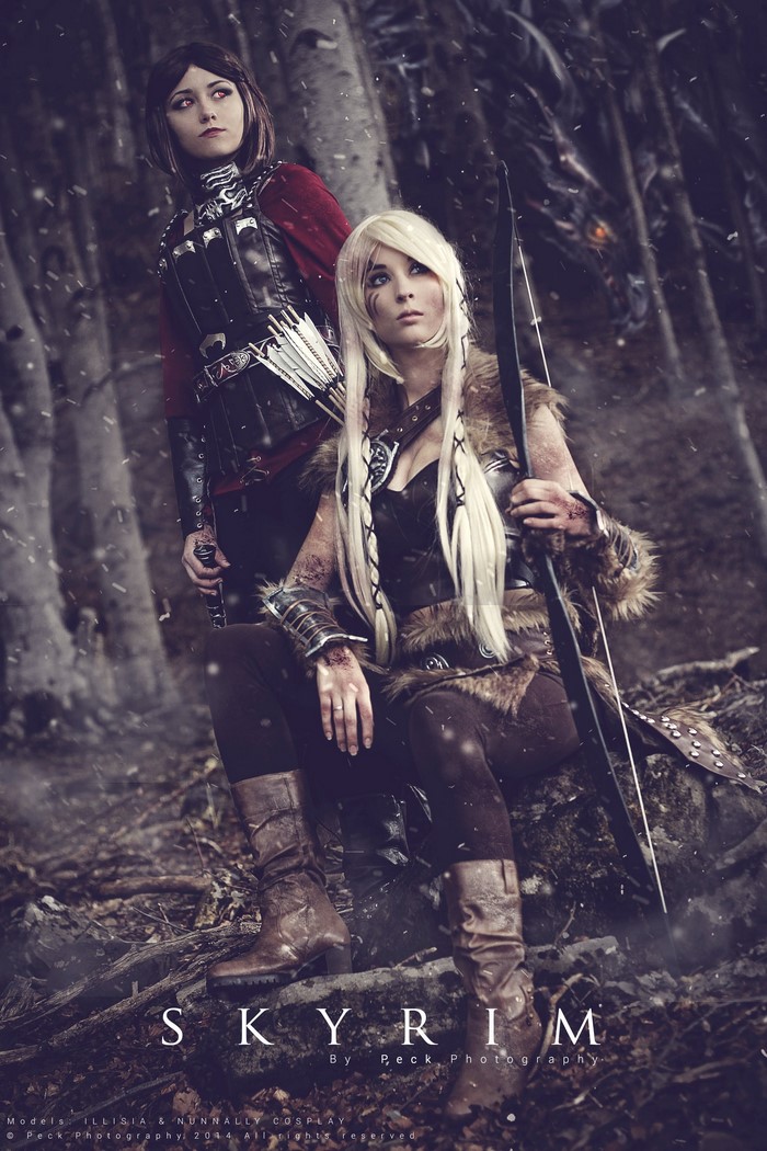 Two women cosplaying as characters from The Elder Scrolls V: Skyrim