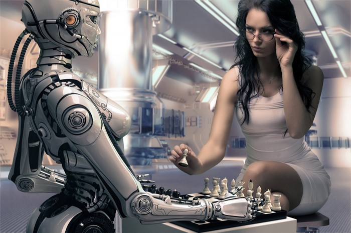 Woman playing chess against a robot