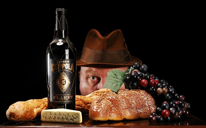 Francis Coppola Wine Bottle with Bread, Cheese, and Grapes