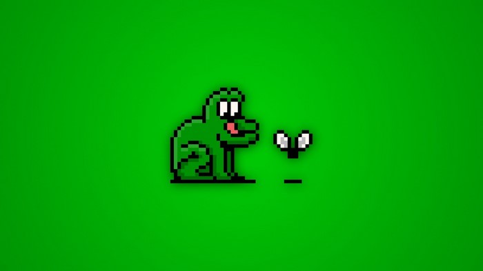 Pixel art frog trying to catch a fly