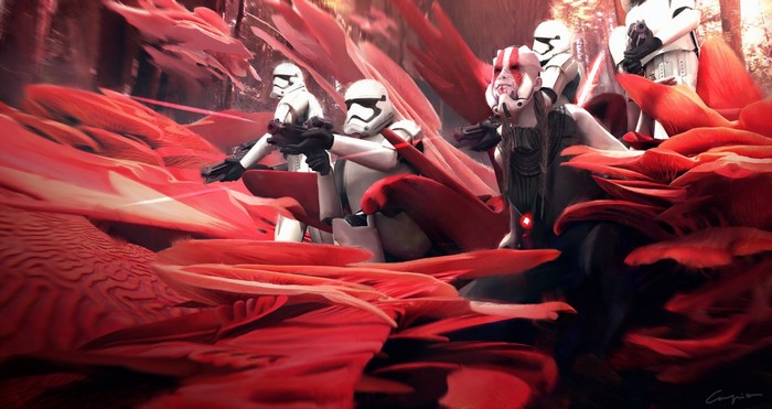 Stormtroopers and a masked figure in red foliage