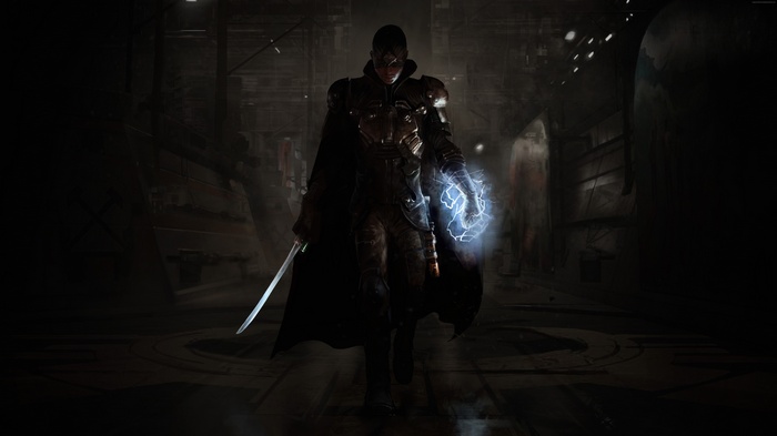The Technomancer character with sword and lightning
