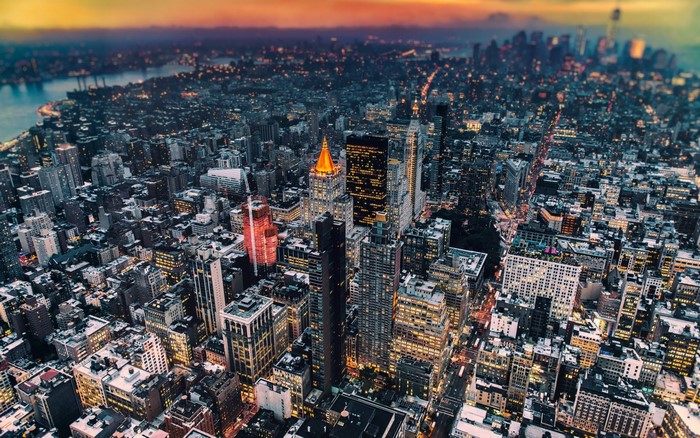 Aerial View of New York City Skyline at Dusk