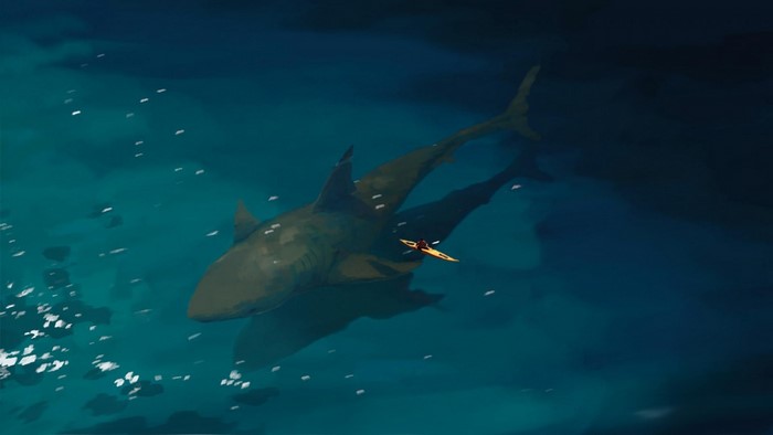 A kayaker encounters a massive shark in the ocean