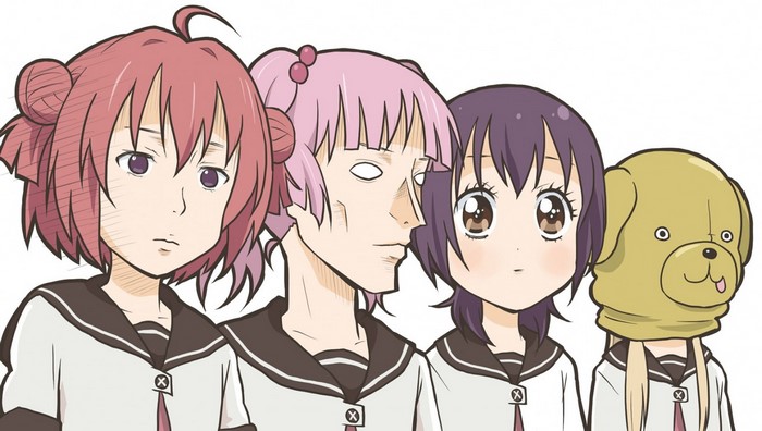 Anime girls in school uniforms, one wearing a dog hat