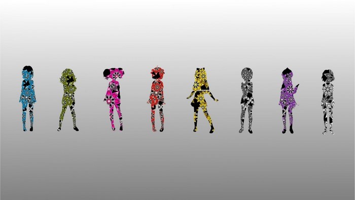 Group of stylized female figures with floral patterns
