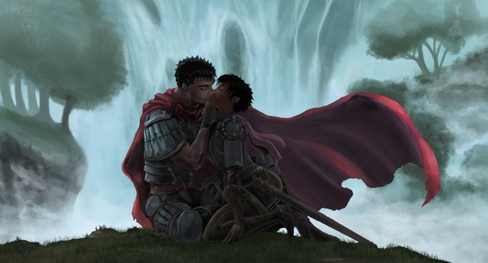Guts and Casca from Berserk kissing by a waterfall