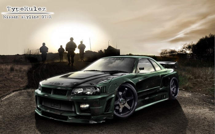 Nissan Skyline GT-R with U.S. Army livery and soldiers