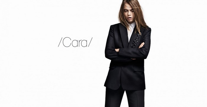 Cara Delevingne in a black tuxedo