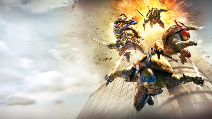 Teenage Mutant Ninja Turtles jumping from a building