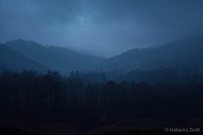 Misty mountains and forest at dawn