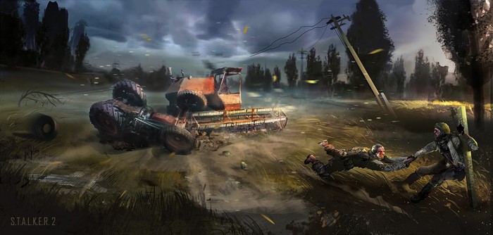 Artwork from S.T.A.L.K.E.R. 2 showing a combine harvester and two people