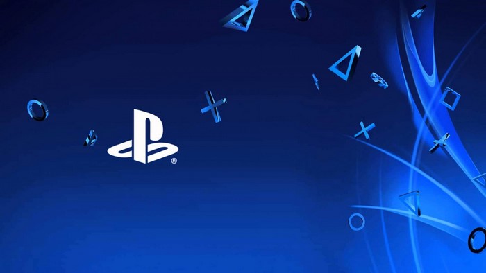 PlayStation logo with floating symbols on blue background