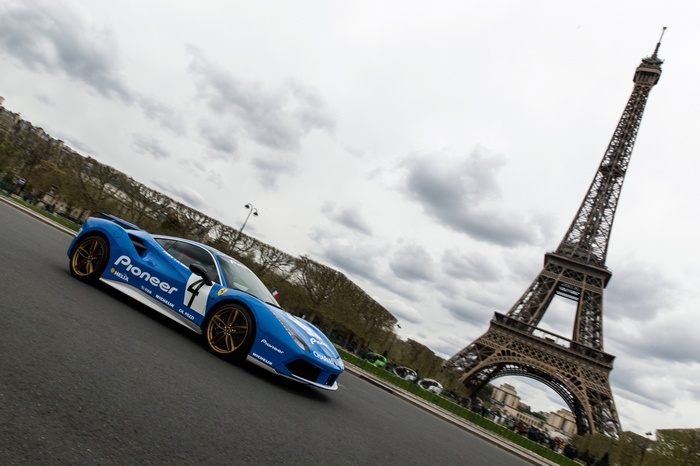 Blue Ferrari 488 GTB "Hommage to the 308 Gr4" near Eiffel Tower