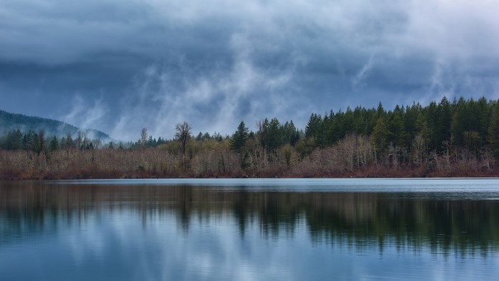 Misty lake with forest and cloudy sky reflection